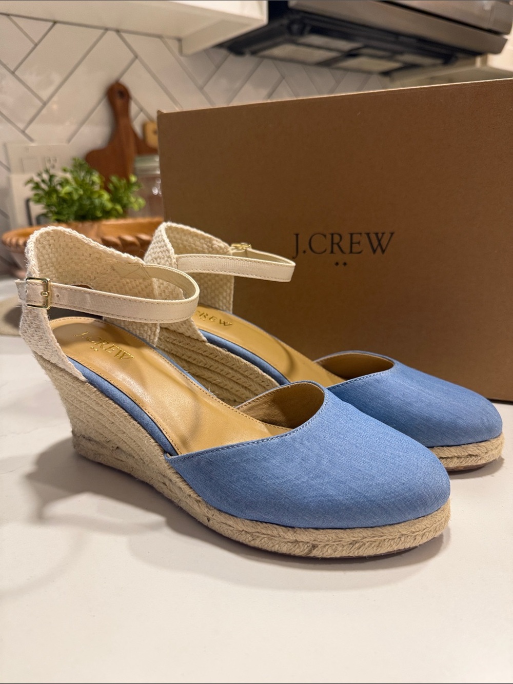 J. Crew Blue and Cream Wedge Espadrilles